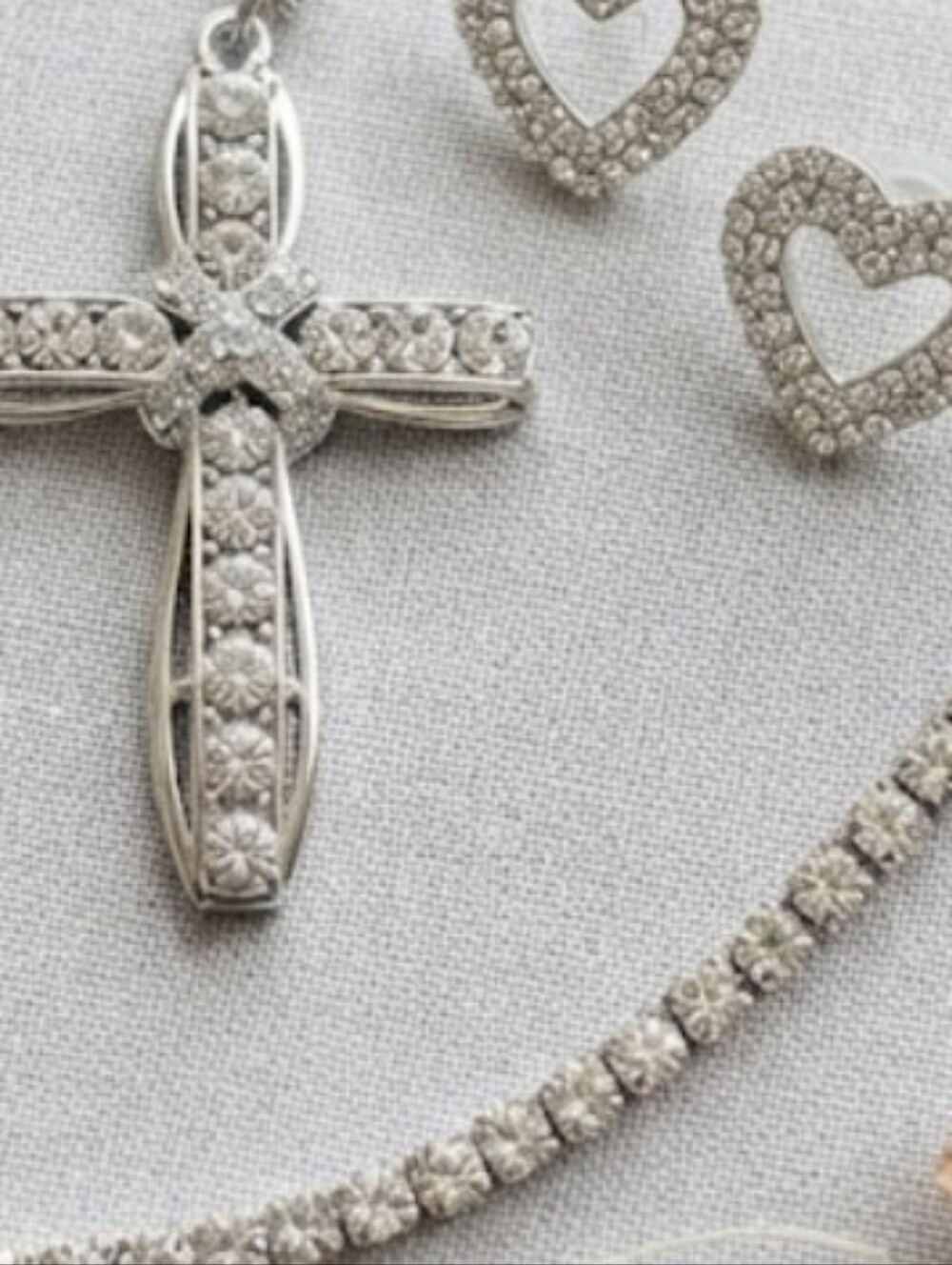Silver Tone Rhinestone Cross Pendant Tennis Necklace & Heart Statement Earrings